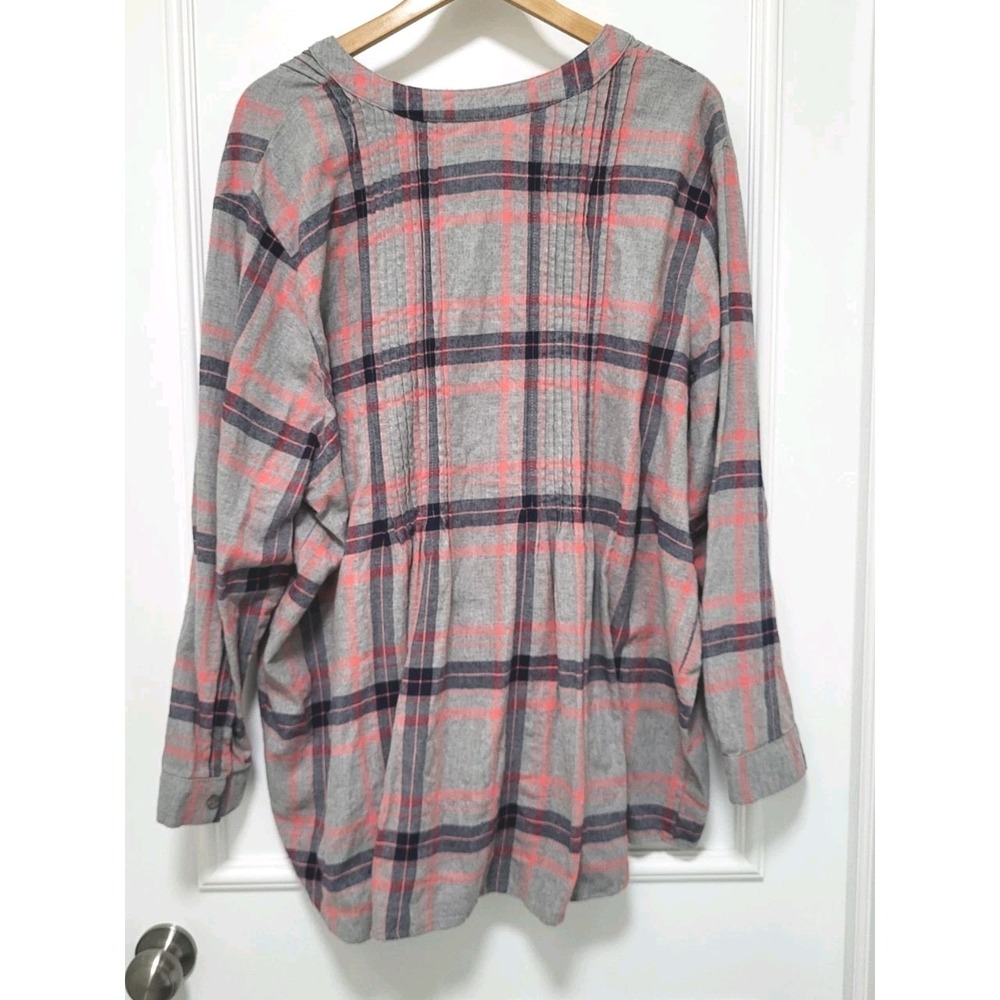 Gray Plaid Collarless Button Up Relaxed Fit Top Woman Within 3X - Picture 4 of 7